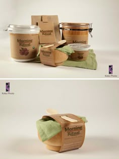 two images showing the different types of food in each container, one is made out of wood