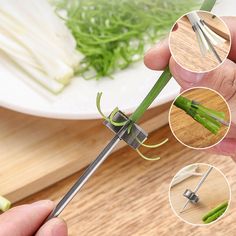 a person cutting up some green vegetables with scissor blades on a wooden table