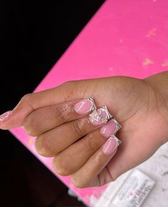 Pink French Tip With Gems, French Tip With Gems, French Tips Short, Gems Nails, Pink French Tip, Purple Acrylic Nails, Wow Nails, Acrylic Nail Set, Hard Nails