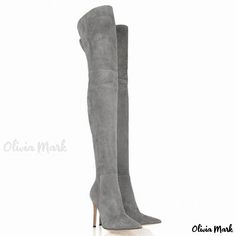 Olivia Mark - Gray Suede Pointed Toe Over-the-Knee Stiletto Boots - Exuding Timeless Elegance Stiletto Boots, Boot Bag, Gray Suede, Olivia Mark, Over The Knee, Timeless Elegance, Boots, Grey