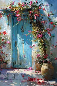 an oil painting of a blue door with pink flowers growing out of it and potted plants in the foreground