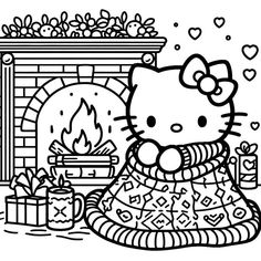 a hello kitty sitting in front of a fire place with presents and gifts around it