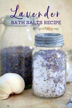 lavender bath salts recipe in a jar with garlic and cloves on the side