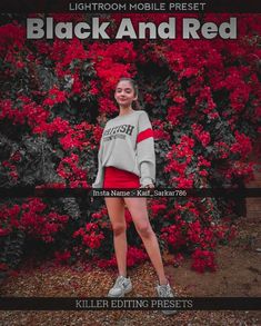 a girl standing in front of red flowers with the text black and red on it