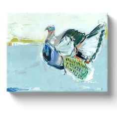 a painting of a pelican floating on the water with its wings spread out