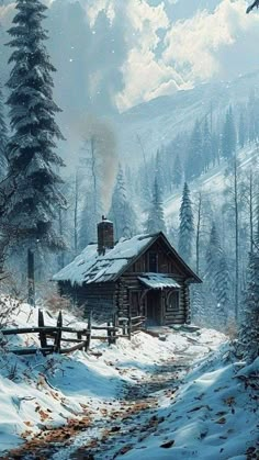 a painting of a cabin in the snow