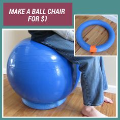 a person sitting on top of a blue ball chair with the words make a ball chair for $ 1