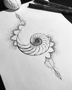 a pencil drawing of a spiral design on paper next to some pens and a ball