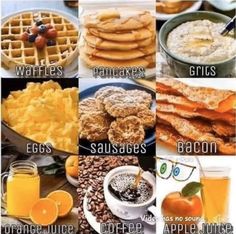 the different types of breakfast foods are shown in this image, including pancakes, waffles, orange juice and coffee