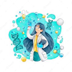 a watercolor drawing of a woman in a lab coat holding a beakle and looking up at the sky