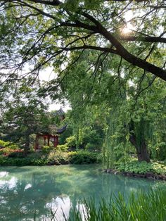 a pond surrounded by trees and grass in the middle of a park with a gazebo