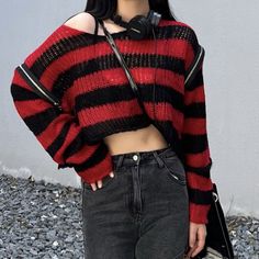 Stripe Colorblock Zipper Design Hollow Out Crochet Sweater Dark Sweater, Alt Clothes, Crop Pullover, Striped Knitted Sweater, Short Sweater, Ripped Shorts, Long Pullover, Long Sleeve Knit Sweaters, Sweater Dress Women