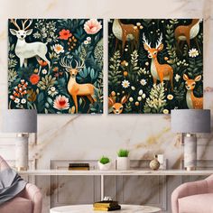 two paintings of deer and flowers on a wall in a living room with pink chairs