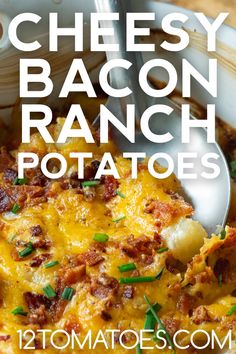 cheesy bacon ranch potato casserole with text overlay