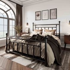 August Grove® Metal Platform Bed Frame | Wayfair Victorian Headboard, Industrial Minimalist Bedroom, Black Iron Beds, Queen Metal Bed, Black Metal Bed Frame, Bedroom Ideas Bohemian, Black Metal Bed, Wrought Iron Bed, Victorian Bed