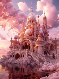 the castle is surrounded by pink clouds and blue water with steps leading up to it