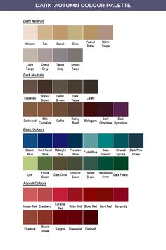 the color chart for dark autumn's palettes, with different shades and colors