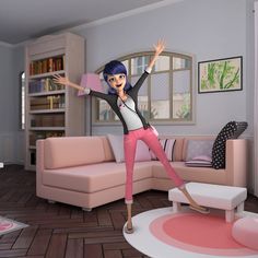 an animated woman standing in the middle of a living room with pink furniture and decor