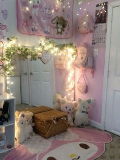 a room with teddy bears and lights on the wall, rugs in the shape of animals