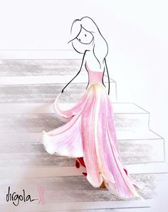 a drawing of a woman in a pink dress walking up some steps with her hand on her hip