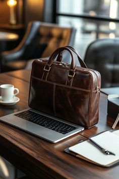 Explore versatile leather briefcases perfect for work and travel. Elevate your style and efficiency! #LeatherBriefcase #TravelInStyle Men Messenger Bag, Leather Studio, Handmade Leather Bags, Luxury Leather Bag, Leather Briefcase Men, Leather Suspenders, Work And Travel, Laptop Briefcase, Backpack Women