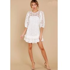 Nwot Sweet Love White Lace Dress Size Xs. This One Of A Kind Lace Dress Features Sheer Lace Detailing, Three Quarter Sleeves With Elastic Cuffs And A Functional Zipper At Back. 90% Polyester And 10% Spandex. White Mini Dress With Ruffle Hem, Short Sleeve Mini Dress With Lace Sleeves For Brunch, White Ruffle Hem Mini Dress, White Mini Hem Dress With Ruffles, White Fitted Lace Dress With Ruffle Hem, Mini Lace Dress With Lace Trim For Brunch, Brunch Lace Mini Dress, Feminine Mini Hem Dress For Day Out, White Flirty Mini Dress With Puff Sleeves