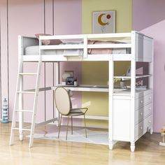 a white loft bed with desk underneath and stairs to the top bunk area in front of it