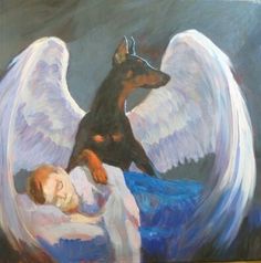 a painting of a dog laying in bed next to an angel