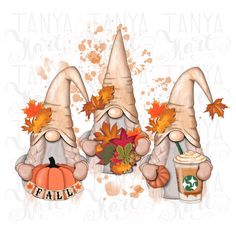 three gnomes with pumpkins and leaves on their heads, one holding a cup