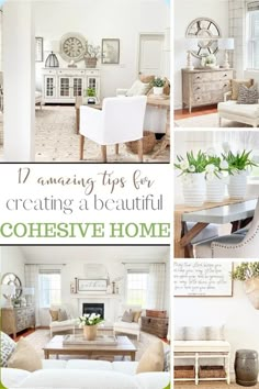 a collage of photos with furniture and decor in white, green and beige colors