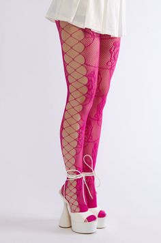 Add a bold punch of visual interest to your ensembles with The That Girl Cutout Tights. This sheer, ultra-stretchy pair combines fishnet and floral lace patterning, an elasticized waistband, unlined cut outs down the sides with criss-cross detailing, and a pull-on fit. - 80% Nylon 20% Spandex - Super Stretchy - Imported (all measurements are approximate from size O/S) - 6.25” Rise Unstretched, 25” Inseam Unstretched  Product ID: 394555 Pink Clothing Aesthetic, Fun Tights, Funky Tights, Cool Tights, Cute Tights, Fest Outfits, Lace Tights, Fashion Tights, Cut Out Top