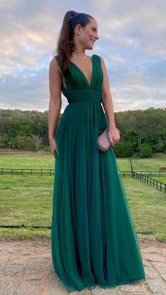 A Line V Neck Green Tulle Long Prom Dress, V Neck Green Formal Graduation Evening Dress A1675 Wedding Guest Dress Long, Outfit Verde, Prom Dress V Neck, Tulle Prom Dress Long, Tulle Long Prom Dress, Formal Wedding Guest Dress, Formal Wedding Guests, Party Wear Gown, Green Tulle