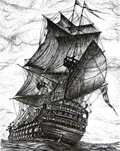 an ink drawing of a pirate ship in the ocean