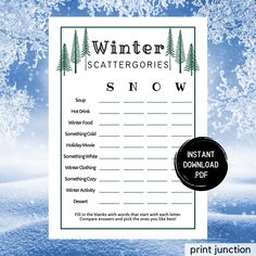 winter scattergories snow printable activity sheet for kids and adults to play in the snow