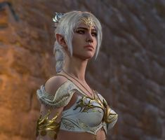 a woman with white hair and gold jewelry standing in front of a brick wall,