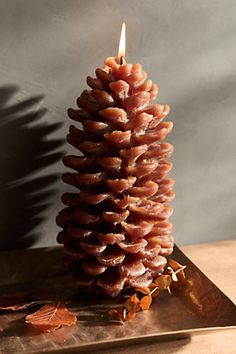 a small pine cone sitting on top of a metal tray next to a lit candle