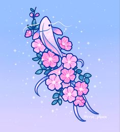 a drawing of a fish with pink flowers on it's tail and long tails