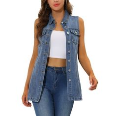 Turn down collar and button down front give timeless appeal to this simple and stylish denim vest. This jean vest jacket is made of soft and breathable denim cotton. Falls to mid-thigh for an elegant look that is slimming, flattering and comfortable to wear. Featuring sleeveless mid-blue washed denim, wear this over a dress, shirt with sock boots, heels for a modern chic look. Occasion: Shopping, Daily Wear, Shopping, School, Travel, Hanging Out, Weekend Gathering, etc. Measurement (in inches) S Denim Blue Vest With Button Closure For Spring, Spring Denim Blue Buttoned Vest, Trendy Cotton Vest With Snap Buttons, Trendy Medium Wash Vest With Buttons, Button-up Medium Wash Vest For Spring, Sleeveless Vest With Button Closure In Medium Wash, Sleeveless Cotton Denim Jacket With Button Closure, Sleeveless Medium Wash Vest With Button Closure, Medium Wash Sleeveless Vest With Button Closure