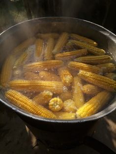 corn is being cooked in a large pot on the stove with steam coming from it