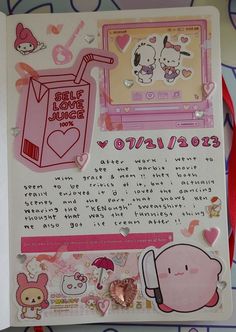 an open book with hello kitty stickers on it