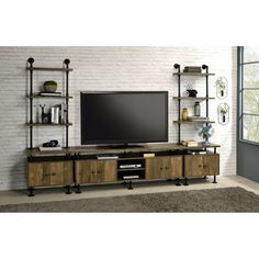 the entertainment center is made from wood and metal