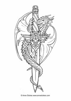 Dragon Dagger, Line Tattoo Ideas, Dragon Coloring, Adult Coloring Books Printables, Dragon Coloring Page, Adult Coloring Designs, Beautiful Tattoo, Home Architecture