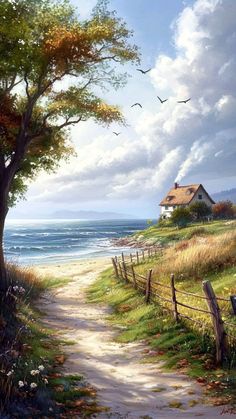 a painting of a path leading to a house by the ocean with birds flying overhead