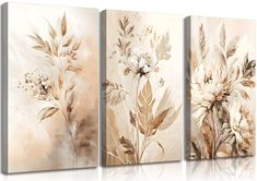 three canvases with flowers painted on them, one is white and the other has brown