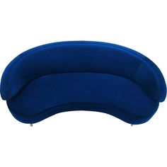 an oval shaped blue couch sitting on top of a white floor