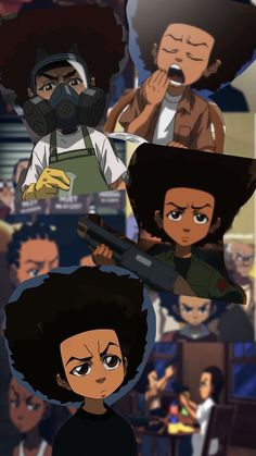 some cartoon characters with different facial expressions on their faces and in the background are people wearing gas masks