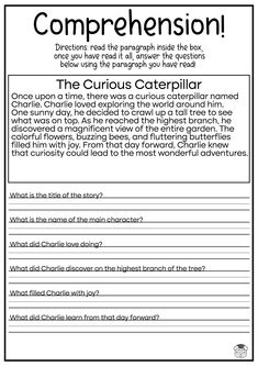 the curious caterpillar worksheet is shown in black and white with text