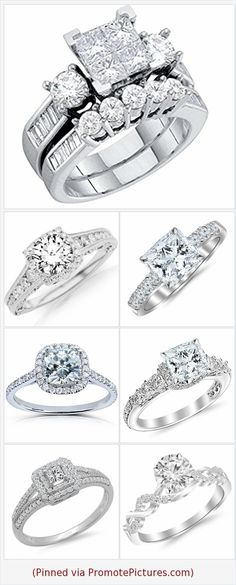 an assortment of different types of wedding rings and bands with diamonds on them, all in white gold or silver