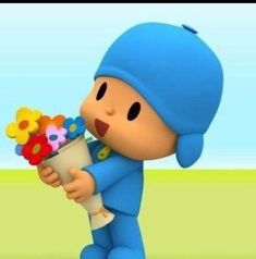 a cartoon character holding flowers in his hand