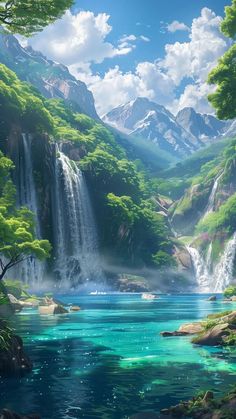 a painting of a waterfall in the middle of a lake with blue water and green trees